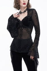 Black Velvet Mesh Splicing Metal Buttons Flared Sleeve Lace Women's Gothic T-Shirt